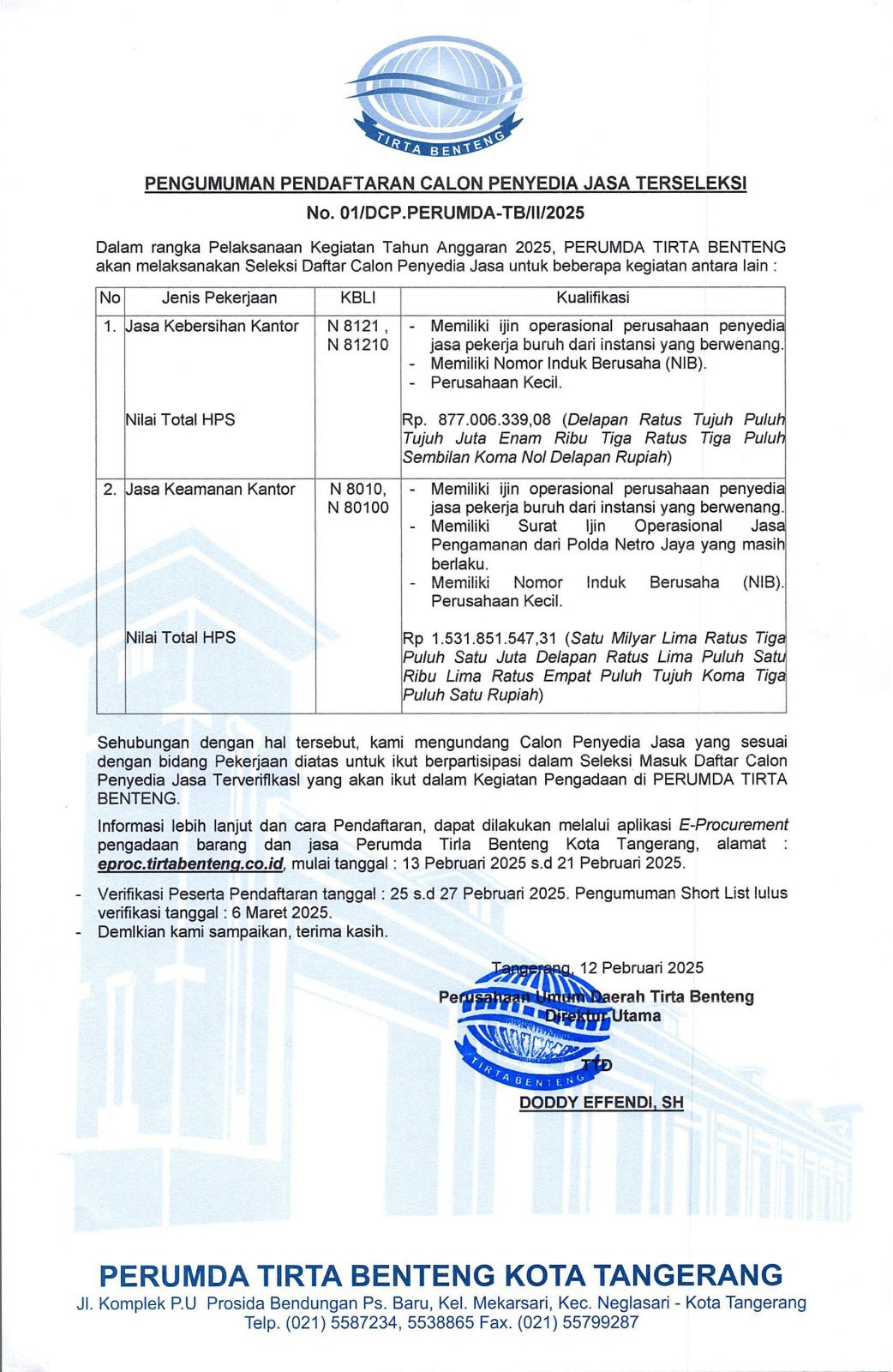 PENGUMUMAN PENDAFTARAN CALON PENYEDIA JASA TERSELEKSI 2025