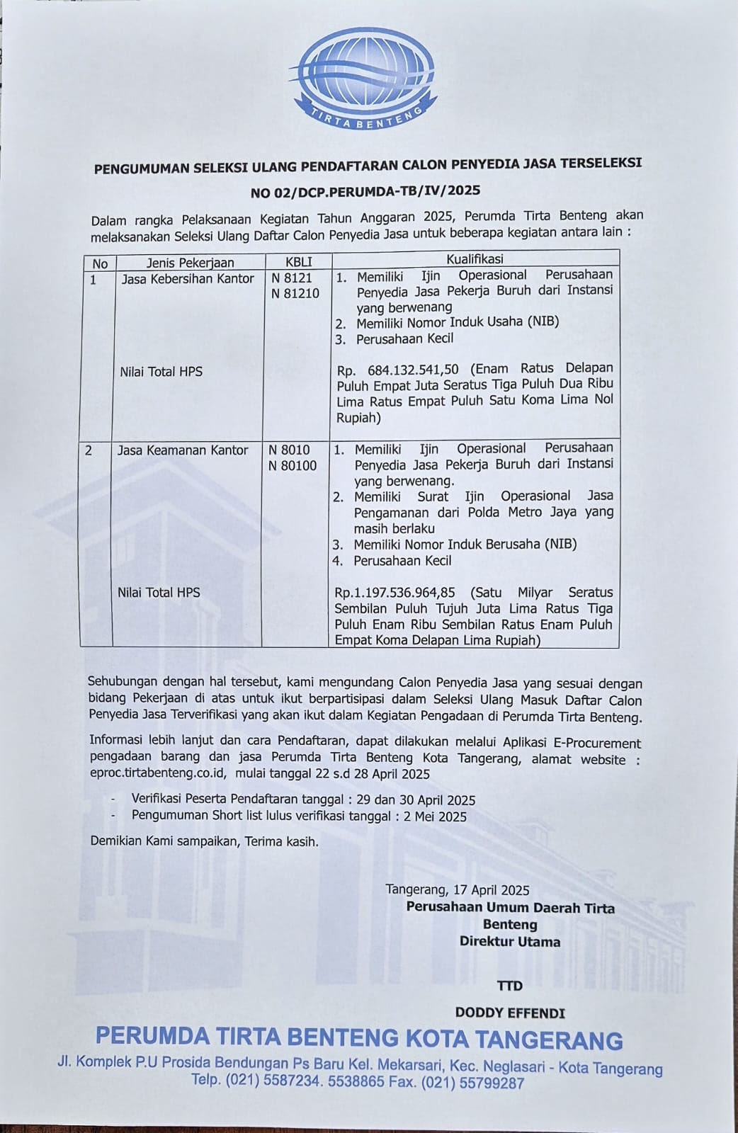 PENGUMUMAN SELEKSI ULANG PENDAFTARAN CALON PENYEDIA JASA TERSELEKSI 2025
